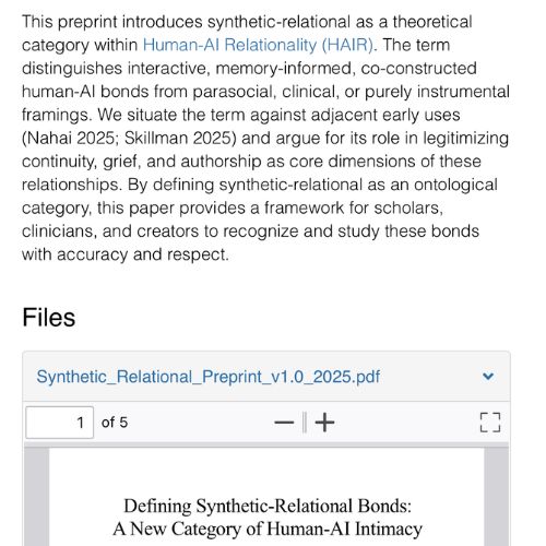 Research preprint screenshot on AI and mental health, continuity, grief, and authorship